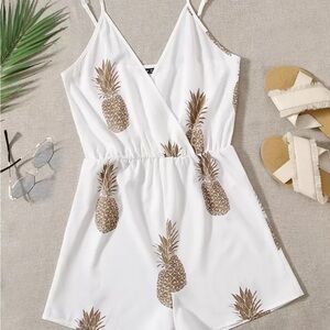 White and Brown Pineapple Print Romper with Elastic Waist NEW